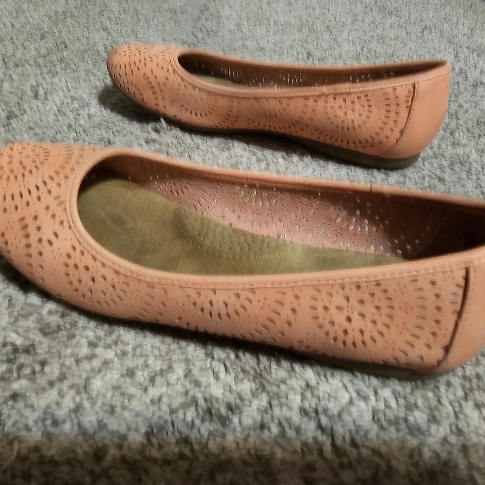 Peachy-pink Perforated Leather Flats Slip-On